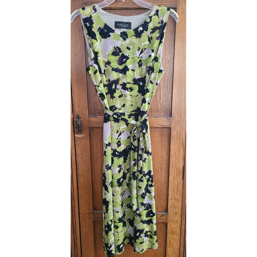 Black Label by Evan-Picone Lime Green Floral Belted Midi Dress Size 8 W6JM9Y9649